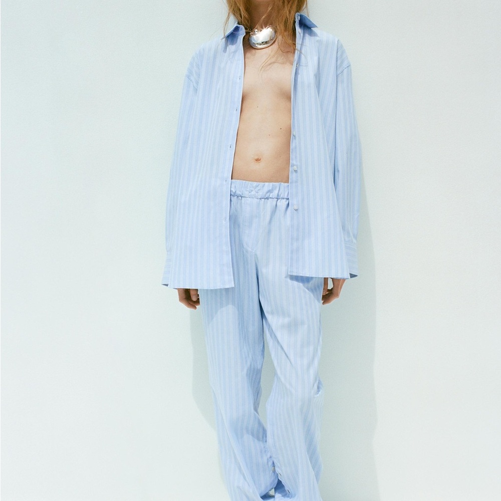 ZARA Blue White Striped Pinstripe Button Cuff Lounge Pajama Pants XS